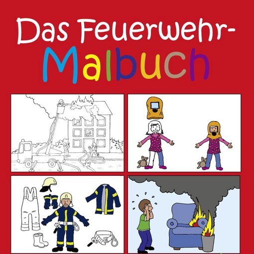 Malbuch: gemalte Feuerwehrmänner löschen brennenden Sessel